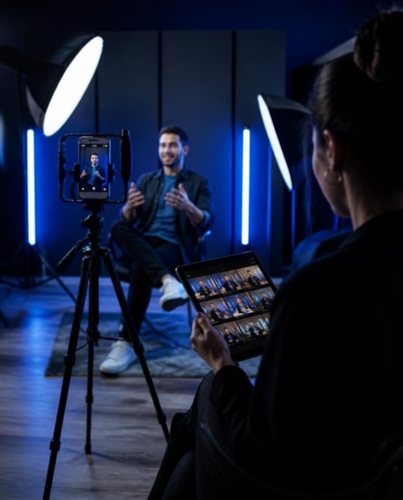 Produzione di contenuti video per i social con telecamera, luci e social media manager