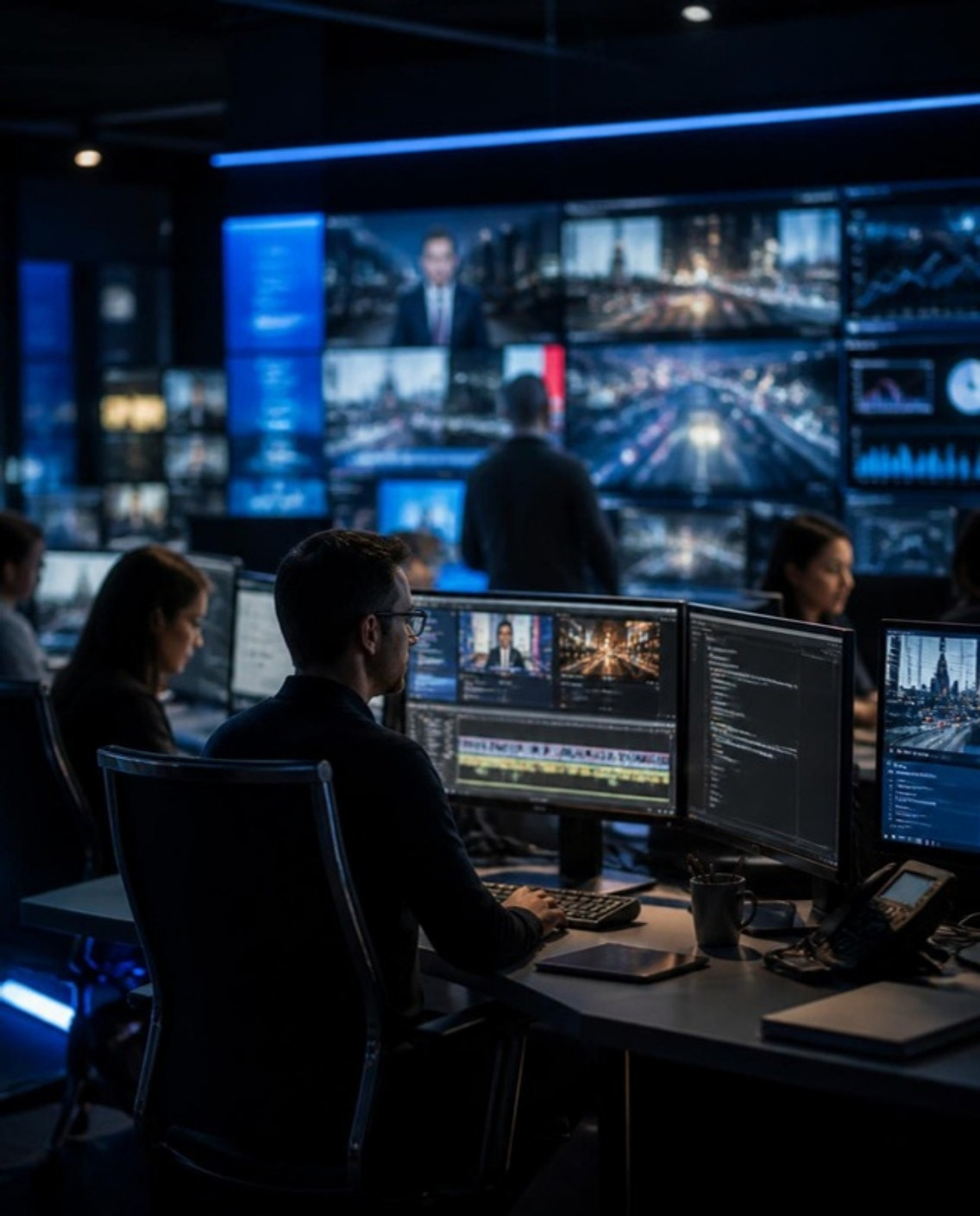 Redazione digitale: giornalisti e video editor al lavoro su monitor con montaggio video, codice e notizie in diretta